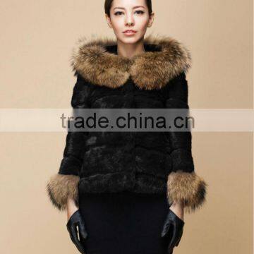 rabbit fur coat with big raccoon collar and sleeve cuff,KZ14099