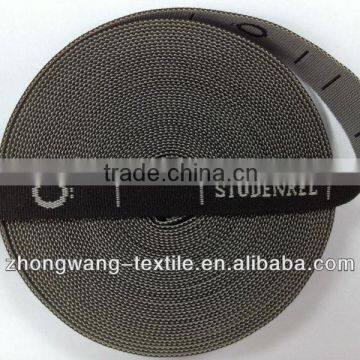 High quality plain weave black polylester webbing with grey logo