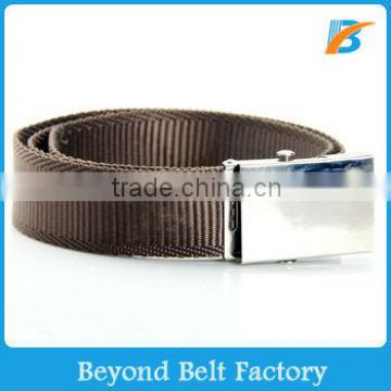 Coffee Color Men's Nylon Webbing Belt with Shiny Silver Slide Military Buckle