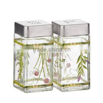 SINOGLASS 2 pcs square shape with fresh herbs decal glass Salt and Pepper jar shakerset