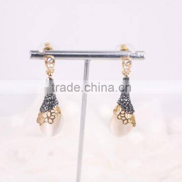 Latest Earring Design, Pave Crystal Zircon Cat Eye Gem stone Brass Fancy Gold Stud Earring