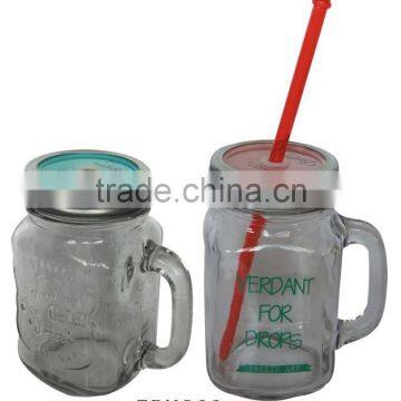 New design 450ml clear drinking glass logo printed mason jar with straw lid