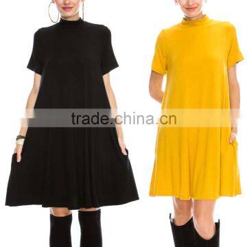 bulk womens clothing Deep Red Pocket Mock Neck Dress short sleeve frock design