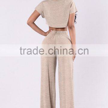 Jump Suit 100 % Polyester Sleeve Crewneck Cropped Length Sweater Knit Top And Wide Leg Pants Women Slim Fit Suits photo-4