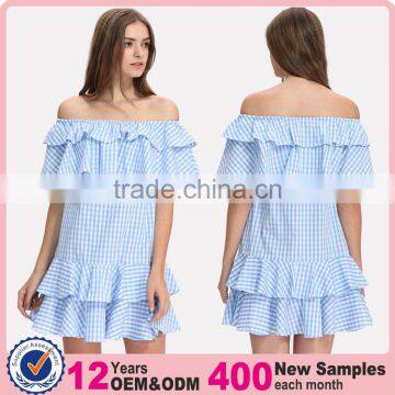 Off shoulder design woman summer fashion striped blue short falbala dress