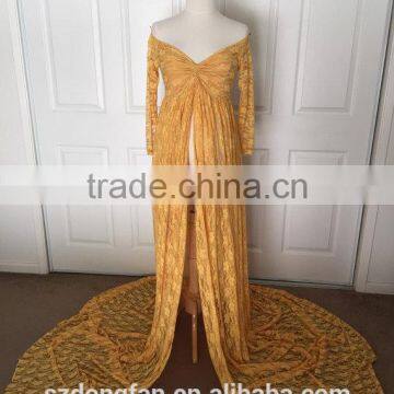 Gold Split Lace Off Shoulder Long Sleeves Maternity Gown Dress Pregnant Woman Mustard Lace Maxi Dress photo-4