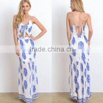 high quality summer elegant woman sexy long dress blue printing long dress chiffon new style 2017