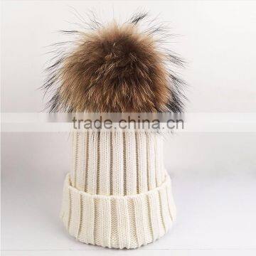 Myfur Fluffy Real Raccoon Animal Fur Pom Pom Knitted Beanie Hat for Adult Couple Cap