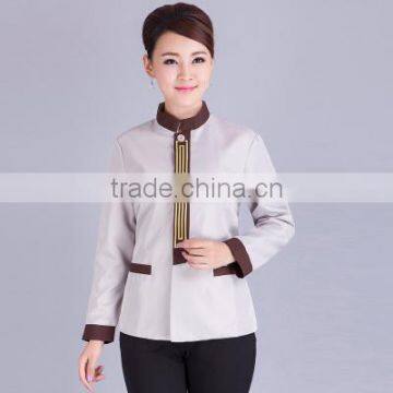 Juqian Wholesale cheap beige fashional design korean collar anti-foul hotel cleaner workwear work uniform