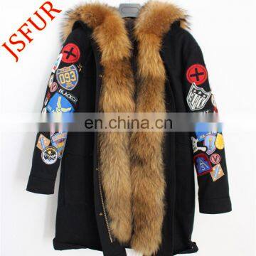 Demountable raccon fur lining natural fur down coat with raccoon fur collar