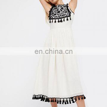 Spanish clothing brand embroidery knee length loose white boho dress