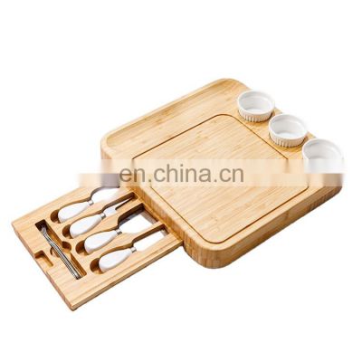 Cheese Board with Knives Set Chopping Board Bamboo Cutting Board Includes 3 Ceramic Bowls