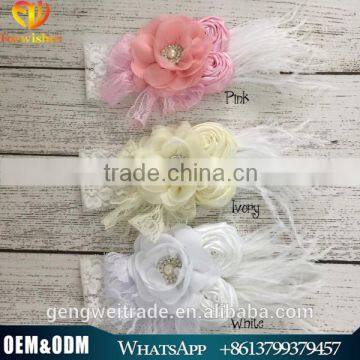 bulk high quality baby hair accessory lace flower and feather fashion headband for kids