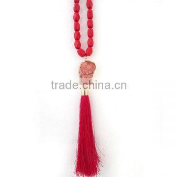 NE2265 Fashion red turquoise nugget beads long tassel necklace with druzy