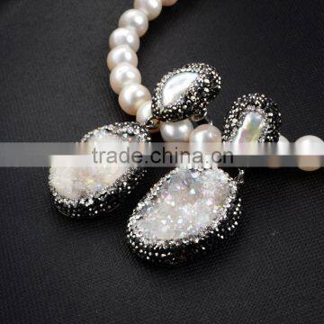 Natural Freshwater Pearl Earrings With 18k Gold Plated, Hanging Stick Druzy Geode Earrings With Black Diamonds Paved on Edge photo-4