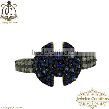 Natural Diamond Pave Gold Ring, Blue Sapphire Gemstone Ring, 925 Sterling Silver Handmade Designer Jewelry, Fashion Ring Jewelry