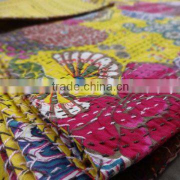 Handmade Designer Kantha Quilt, Beautiful Bird & Floral Printed Bedspread, Indian Cotton Reversible Bedcover, Hand Kantha Work