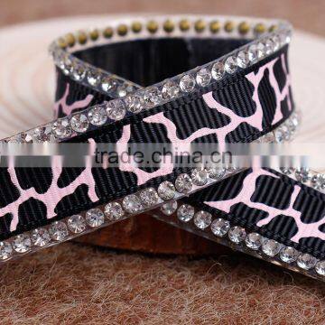 China New Fashion Customized Grosgrain Chain Printed Rhinestone Woven Tape With Hotfix Adhesive photo-2