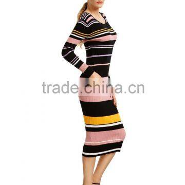 Hot sale latest Autumn sexy slim stripe longsleeve ladies western dress designs