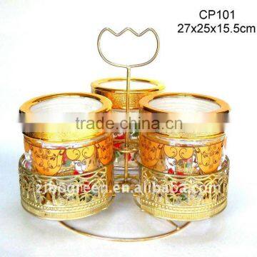 3pcs round glass jar with printing with turning golden rack(CP101)