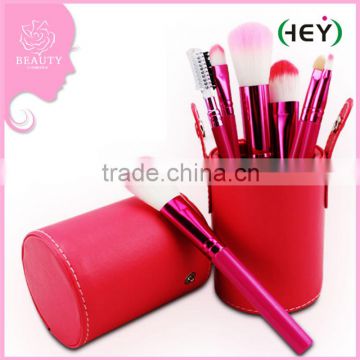 Multi-color 7pcs Makeup Brush Set with PU Cylinder Wooden Handle and Soft Synthetic Fiber