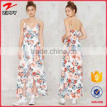 Newest Summer Adjustable Strap Front Split Design Floral Maxi Dresses