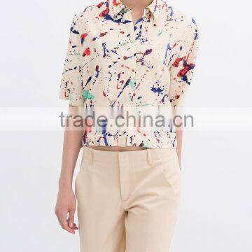 Europe Street Style ! Graffiti Printed Shirt With Asymmetric Hem ! Artistical Woman Blouse
