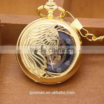 High quality men's gold stainless steel black dial skeleton automatic mechanical pocket watch