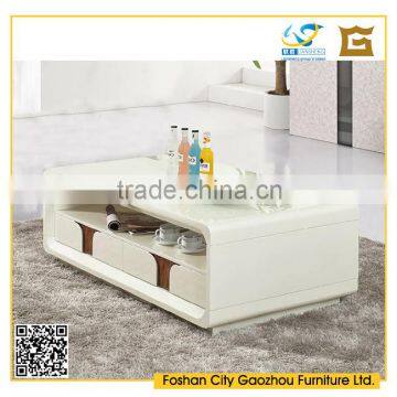 2016 latest designs modern white color wood coffee table with drawers