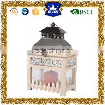 High quality LED wooden lantern with black metal top flower design