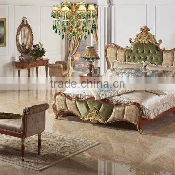 Luxury Crown Shaped Royal Upholstery Bed With Night Stand, Noble Button Tufted Golden Bed Set,Wood Carving Bedroom Furniture Set photo-4
