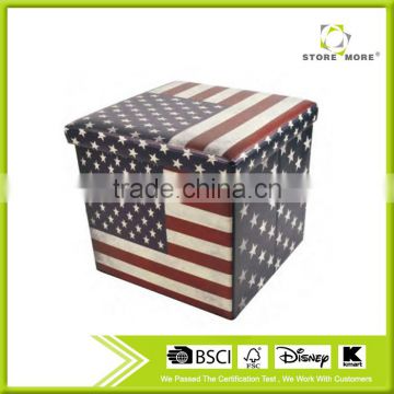 Flag Printed Foldable Faux Leather Toys Storage Ottoman