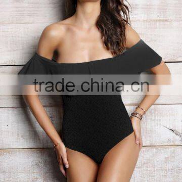 ladies fashion black with big ruffle one-piece swimwear