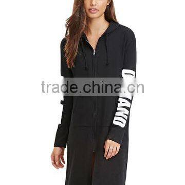 print Letters Sleeves 3/4 Zipper Front Black Long Hoodie thin hoodie women's