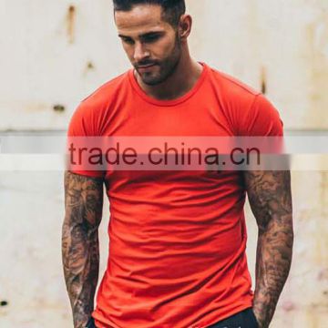 Red Gym Fitted Longline T Shirt for Men Short Sleeve Curved Hem T Shirt Muscle Bodybuilding Fitness T-Shirt Slim Fit Gym T-Shirt