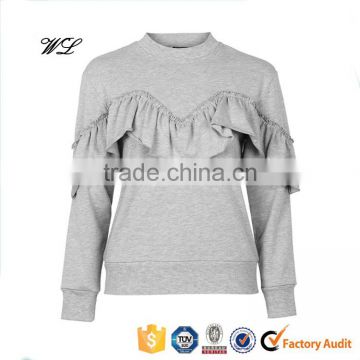 Wholesale China cotton polyester blend grey heather women long sleeve jersey ruffle shoulder sweatshirt