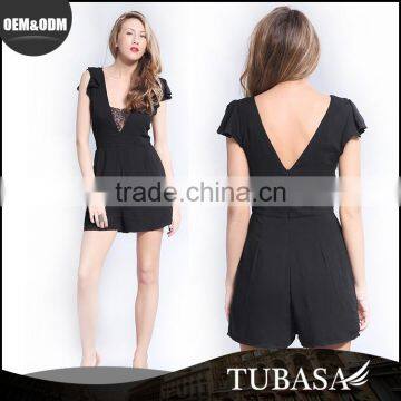 ladies clothing factory black butterfly sleeve lace trim v neck women chic playsuit with zipper