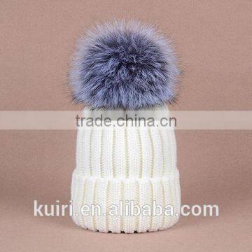 Knitted Hat With Snap Silver Fox Fur Ball on Top photo-4