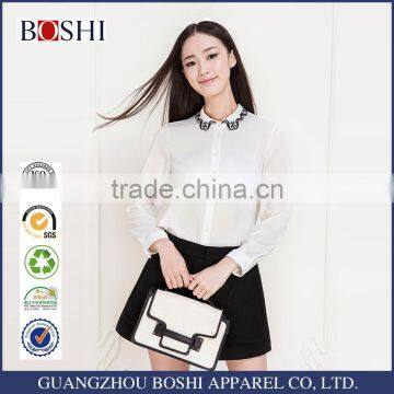 2015 Sweet Ladies White Chiffon Embroidery Women Shirts Design