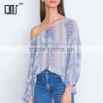 Fringed drawstring elastic neckline sheer georgette peasant blouse