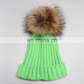 Hot sale lady pom pom beanies wholesale acrylic raccoon fur ball beanies