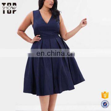 OEM v neck navy blue pleat midi plus size fat women dresses