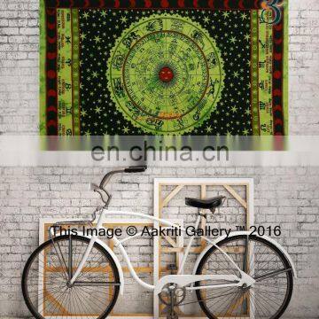 Astro Tapestry Green Color Indian Single Bedding Deco Hippie Spread Handmade Astrology Tapestry