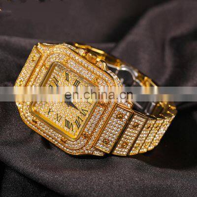 Hip Hop 22K Gold Plated Wrist Watche Micro CZ Stainless Steel Wristband Quartz Watch Men Luxury Iced Out Watch
