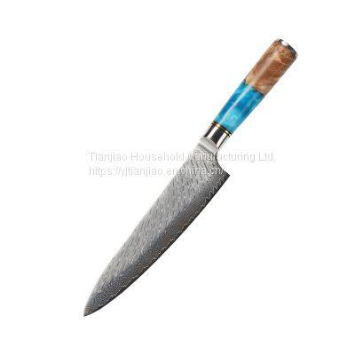 8 inch Chef Knife with Blue Resin Wood Handle Japanese VG10 Damascus Steel Cutting Fishing Meat Kitchen Knives