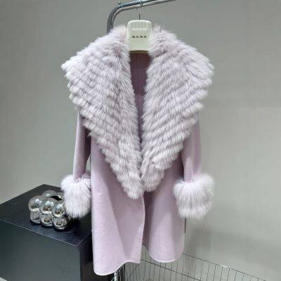 New Autumn and Winter Wool Double-sided Woolen Coat, Imported Fox Fur Collar Fur Silhouette Tie Coat, Medium Length photo-2