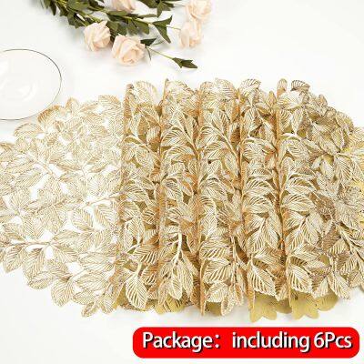 Flower Hollow Metallic Placemats Set of 6 Gold Leaf Round Placemats Non-Slip Wipeable Table Mats for Dinner,Party,Wedding Accent Centerpiece photo-3