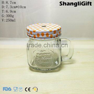 250ml Glass Mason Jar Flat Square Glass Jar With Handle