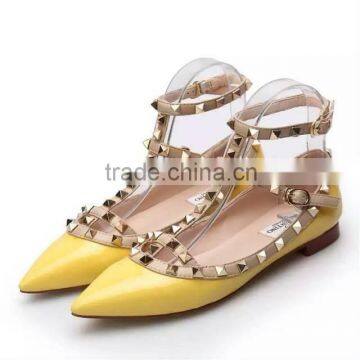 fashion flats yellow lambskin leather close toe golden spike studded side buckles gladiator flats shoes