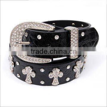 Wholesale Women's Fashion Trendy Rhinestone Leather Cross Belt